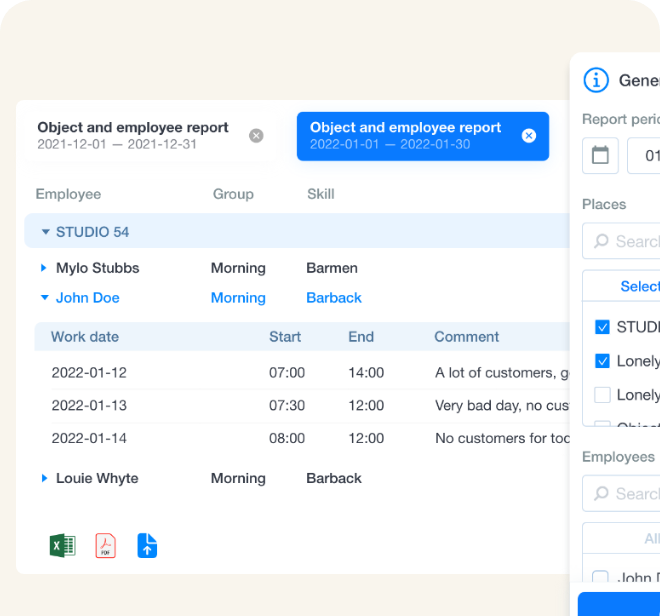 Skärmbild från Grownu arbetsledningssystem som visar den avancerade rapporteringsfunktionen inuti plattformen