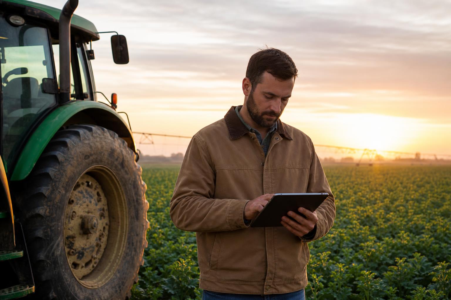 Jordbruk operations chef granskaing live crew status on a tablet near a tractor