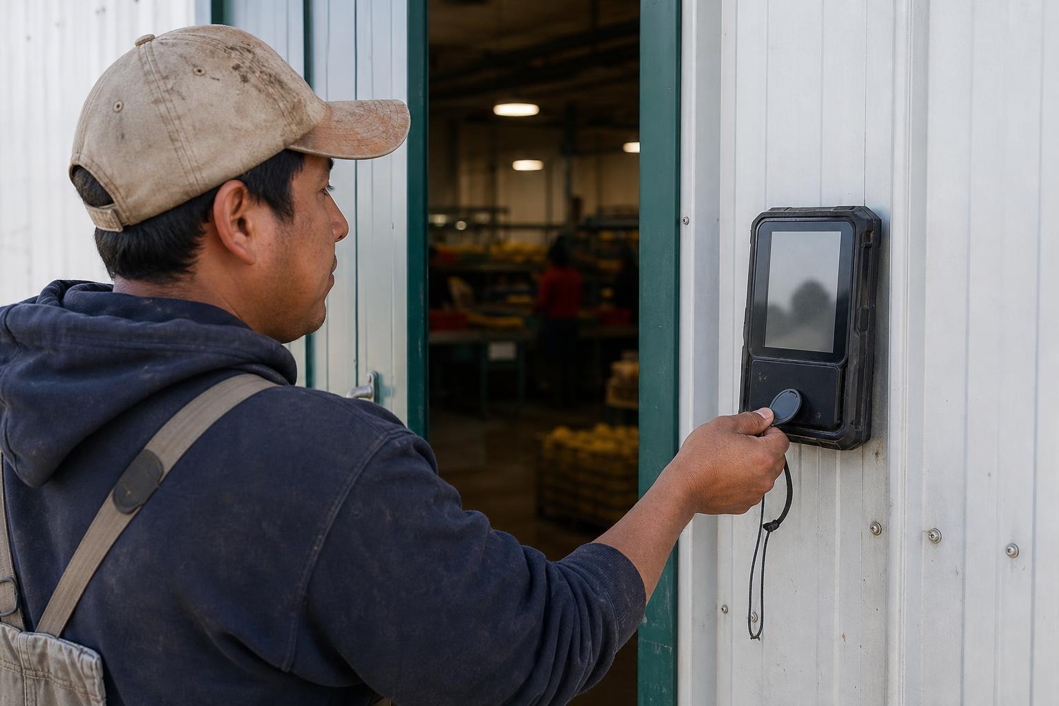 Jordbruk worker using a rugged outdoor närvaro terminal at a packing shed