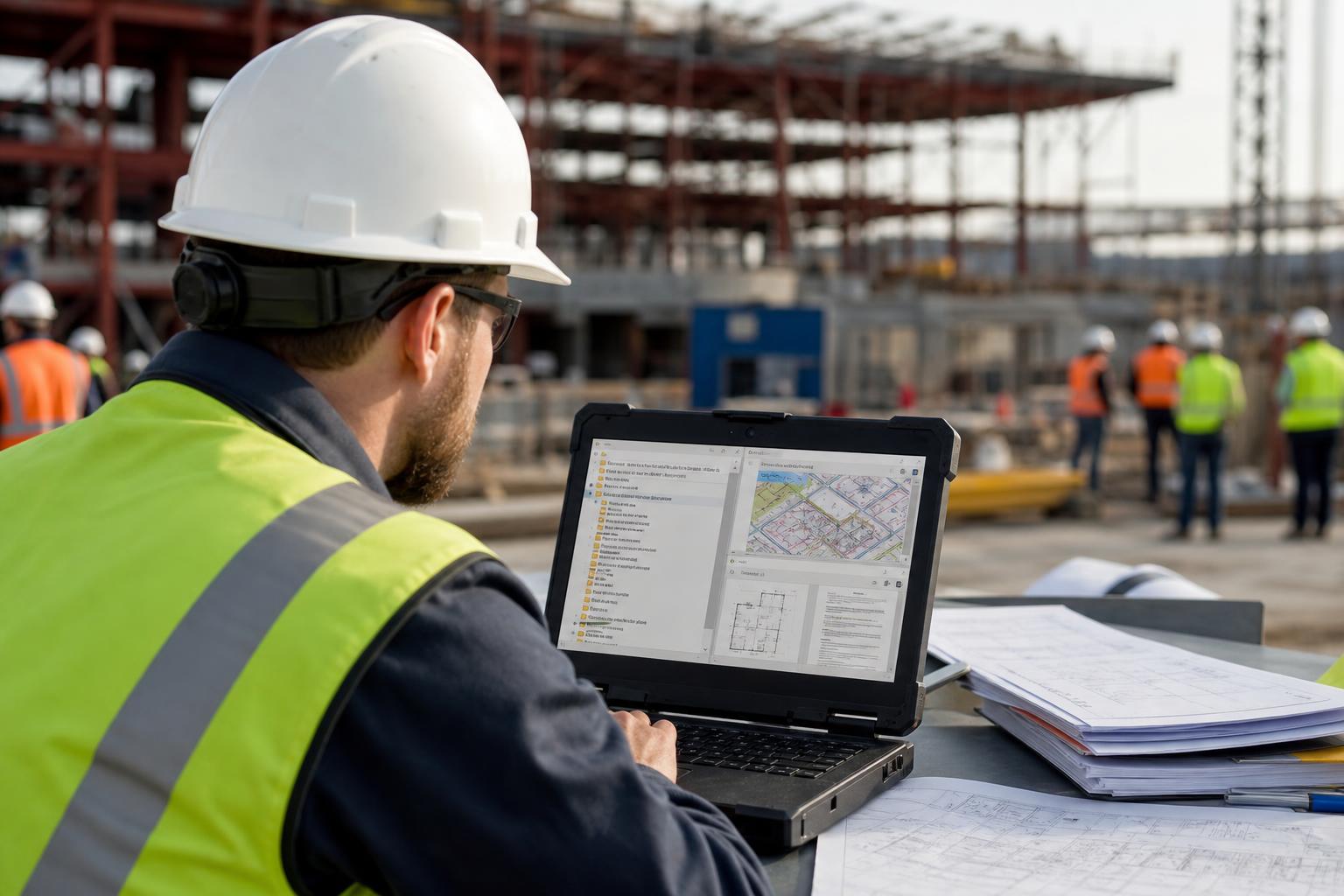 Bygg project chef on a uppdrag plats reviewing organized digital project dokument och planer on a rugged laptop