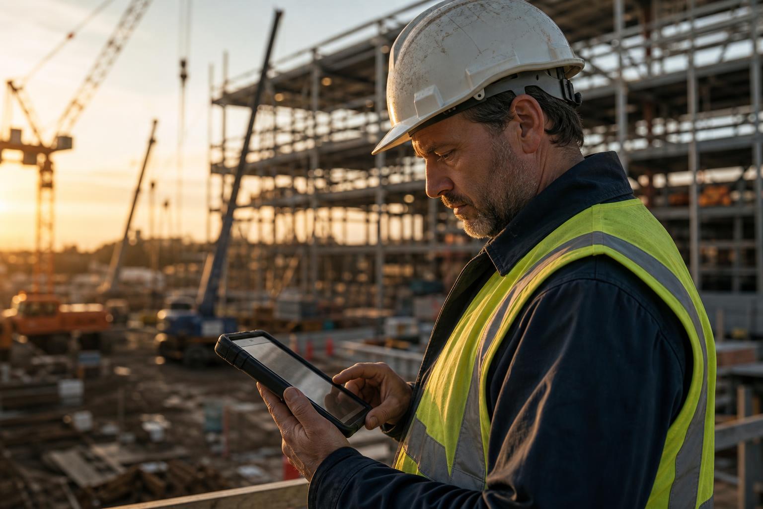 Bygg operations chef checking realtid team status on a tablet