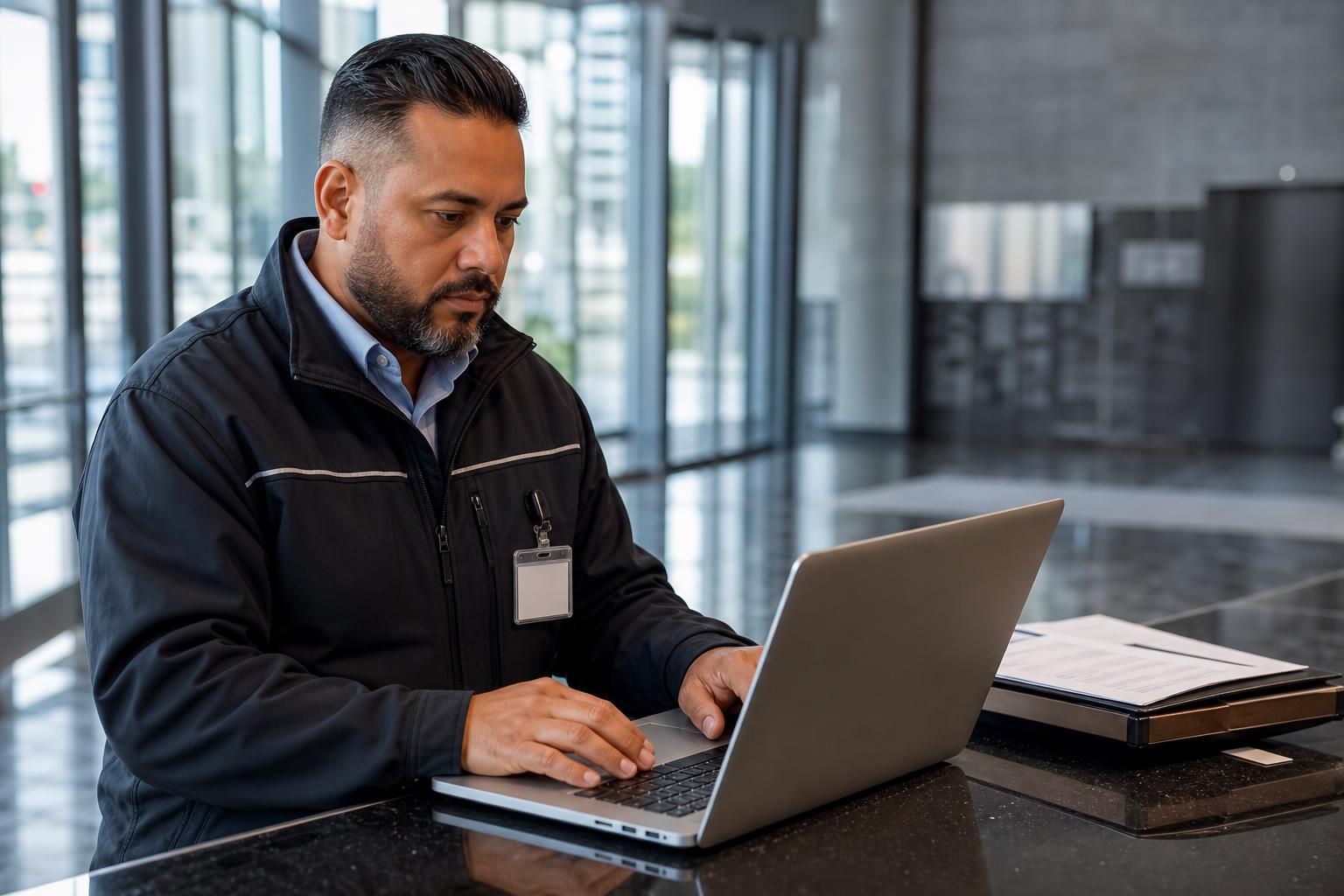 Fastighet operations chef in a kommersiell byggnad lobby organizing kund dokument och service planer on a laptop