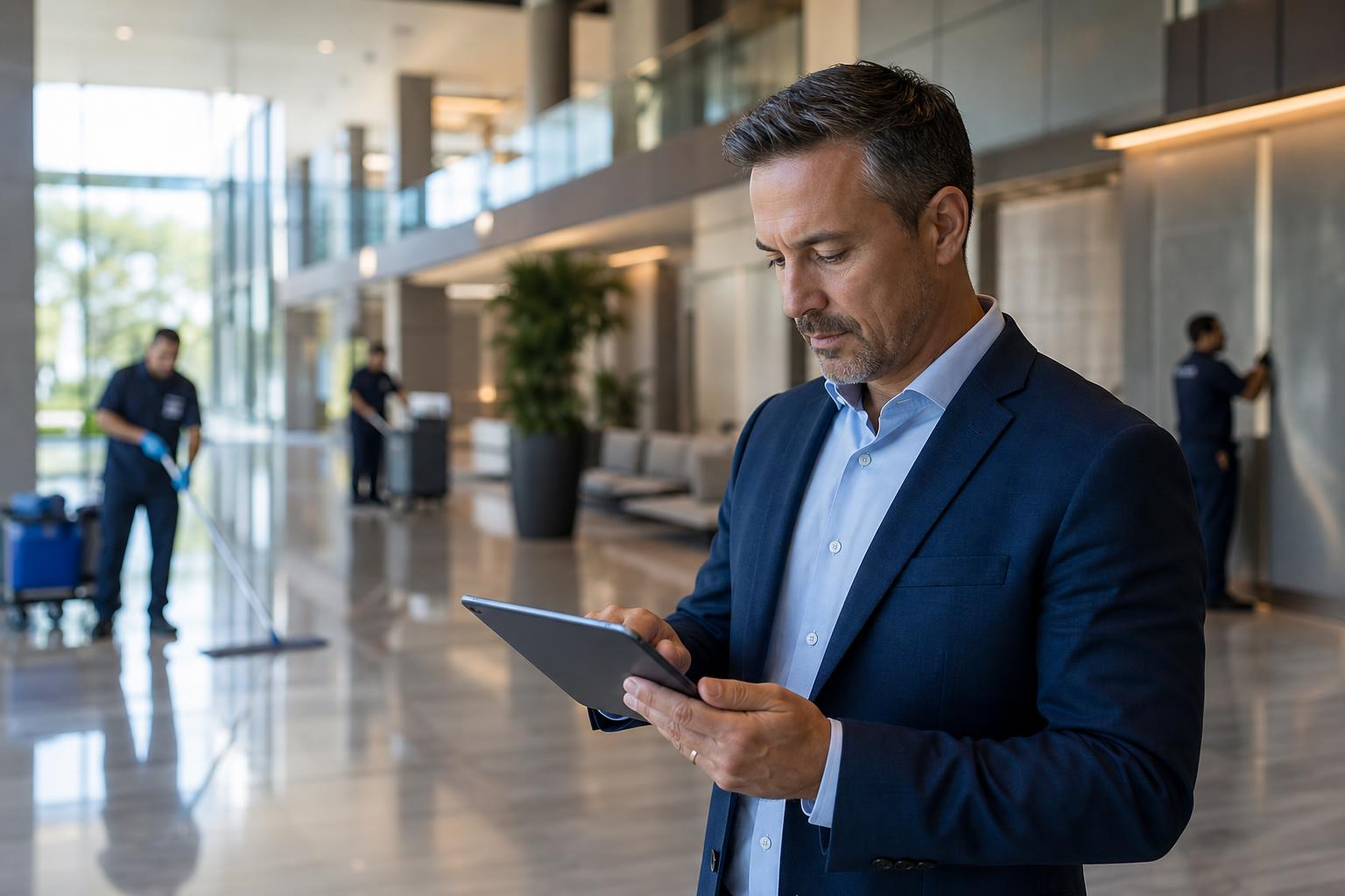 Fastighetsservice chef reviewing realtid bemanning of multiple byggnader on a tablet