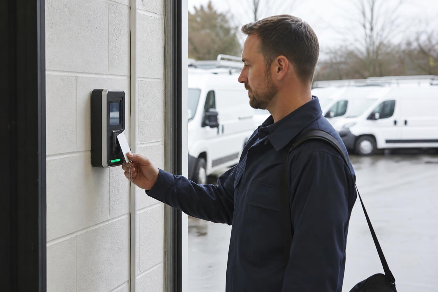 Worker tapping a fob on a väggmonterad tid närvaro terminal
