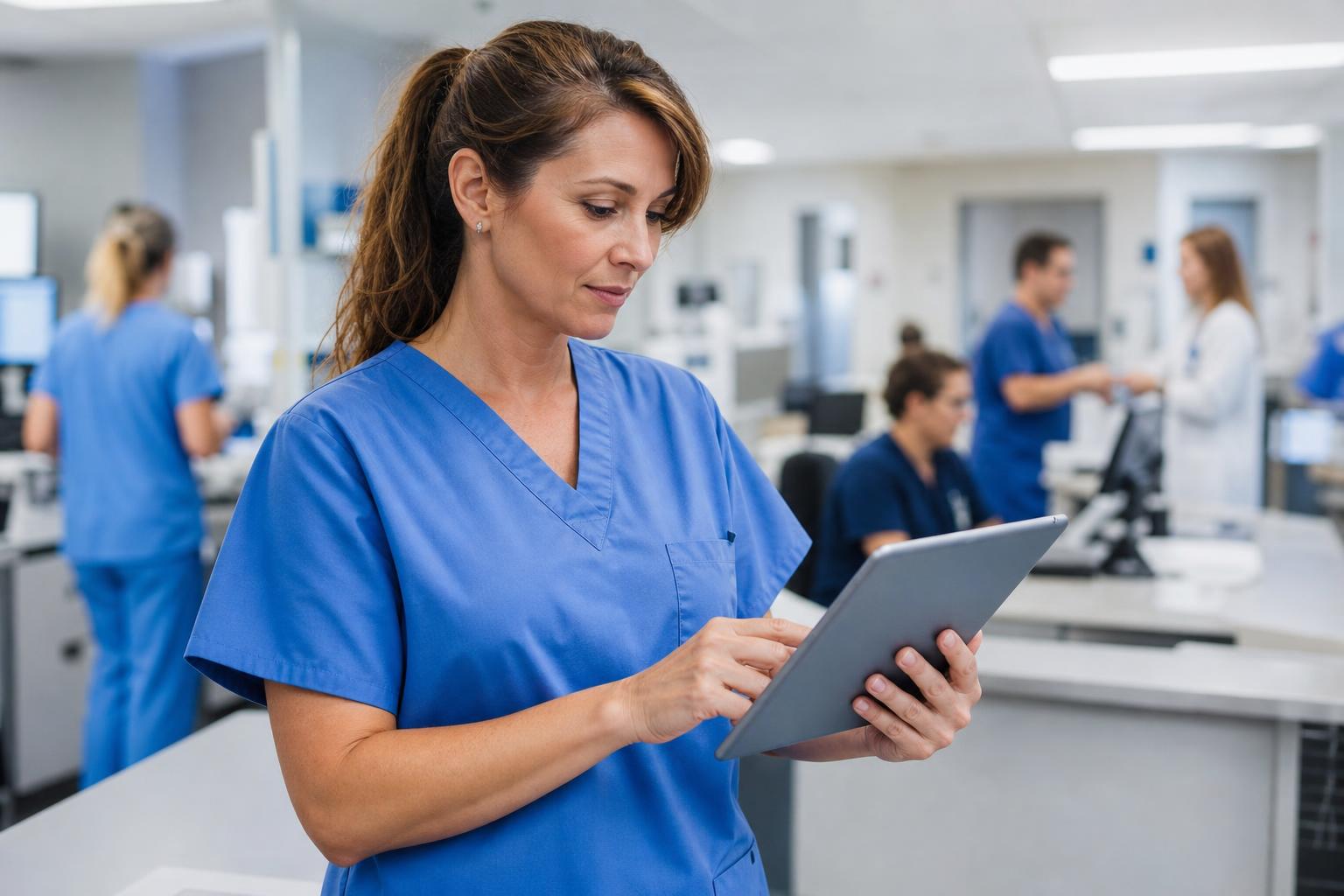 Omsorg operations leader granskaing multi-avdelning bemanning on a tablet