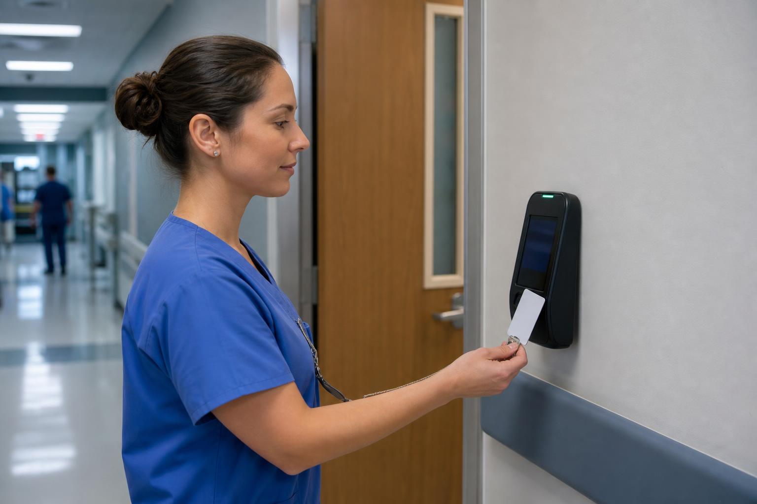 Omsorg personal member using a wall-mounted närvaro terminal at a unit entrance