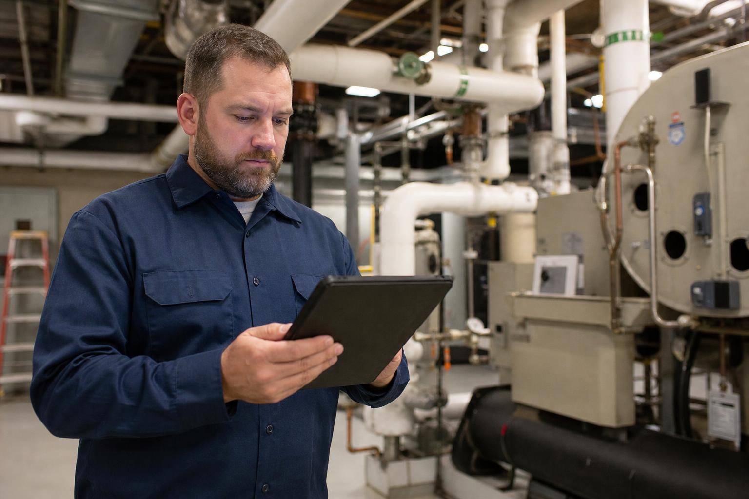 Service chef reviewing realtid technician status on a tablet