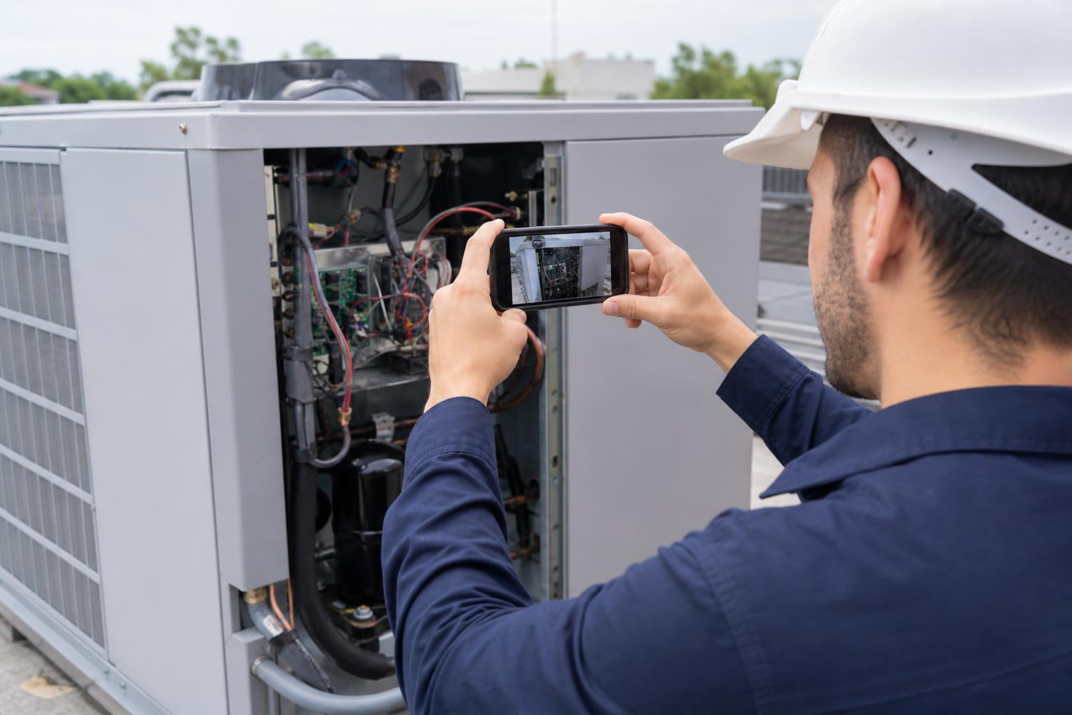 Technician med a smartphone to fotograph finished repair arbete