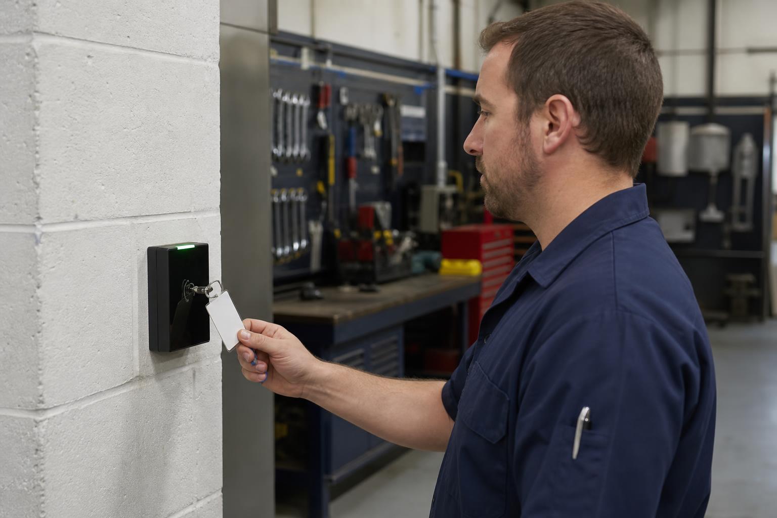 Technician med a väggmonterad tid närvaro terminal