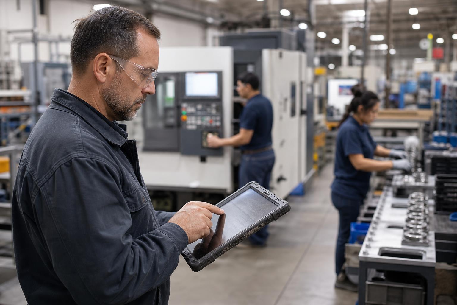 Operations director granskaing multi-plant workforce data on a tablet