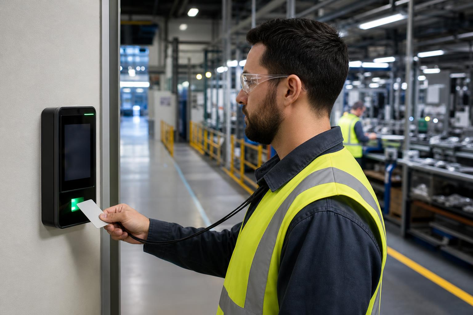 Tillverkning worker tapping an RFID badge on a wall-mounted närvaro terminal