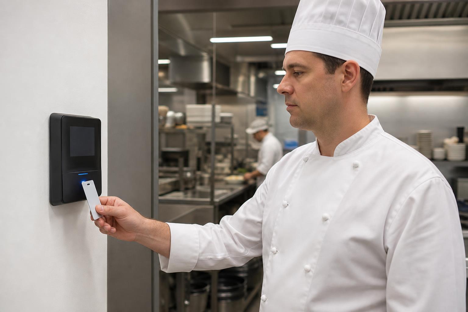 Restaurang medarbetare tapping a fob on a närvaro terminal at the back-of-house