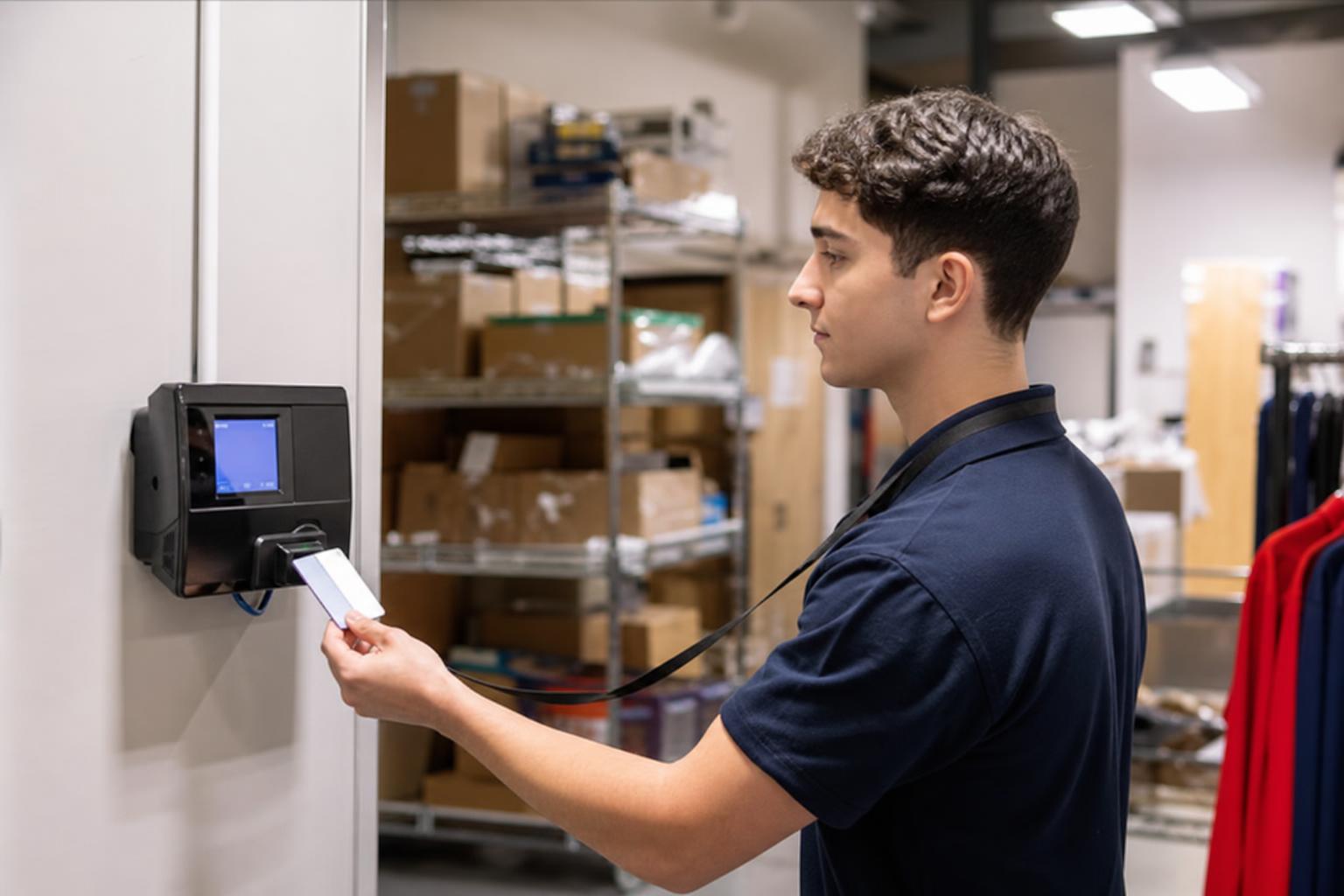 Detaljhandel associate using a wall-mounted närvaro terminal in the back-of-house
