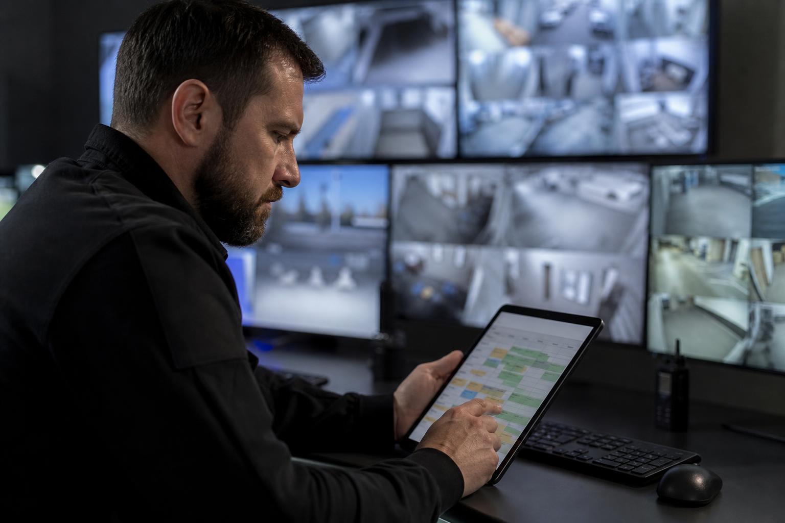 Bevakning operations supervisor reviewing realtid post bemanning on a tablet