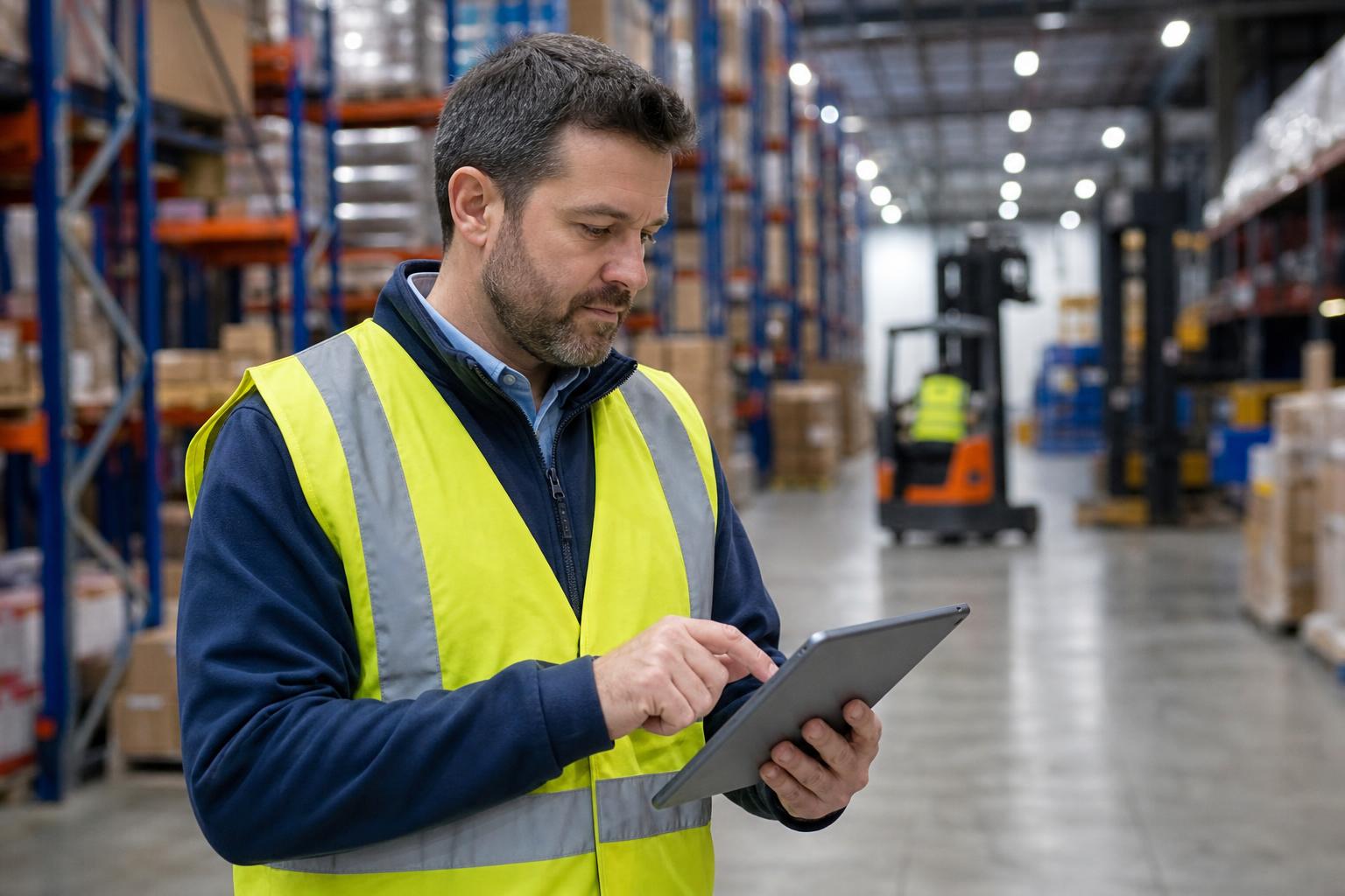 Logistik operations director granskaing multi-lager workforce data on a tablet