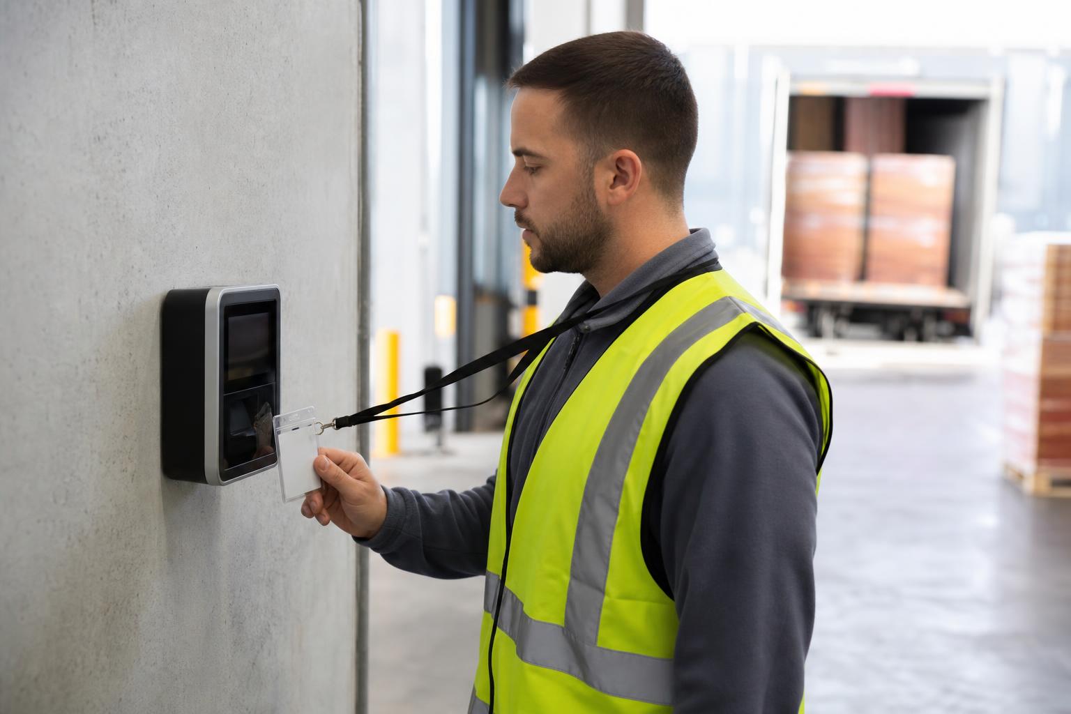 Lager associate tapping an RFID badge on a wall-mounted närvaro terminal